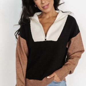 Baltic Born‎ Black & Brown Colorblock Sigrid Zip Front Sweater Size Small